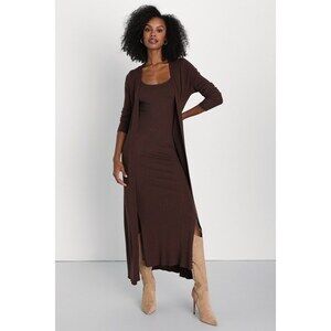 Lulus Layer Lover Brown Ribbed Knit Two-piece Dress & Cardigan Set - Size S